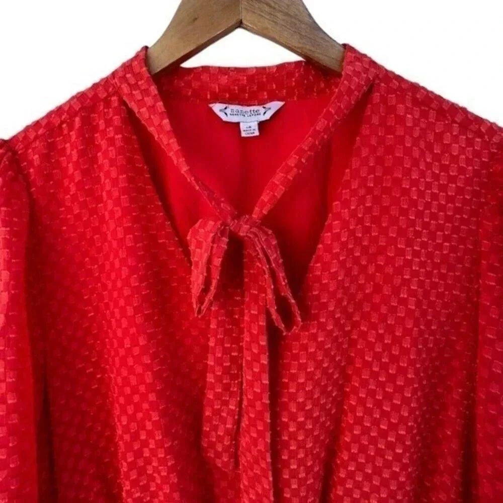 Nanette Lepore Women’s Size 14 Tie-Neck Ruffle-Hem Blouson Red Dress - Picture 8 of 10